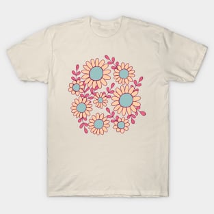 Retro 70s daisy flowers botanical design in green, pink and blue T-Shirt